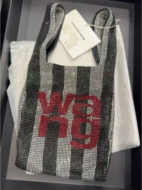 🚩steal Alexander Wang Black & White Crystal Stripe Tote with Red 'wang' Logo
